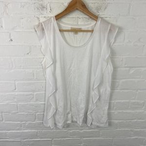 Cynthia Rowley Women's Scoop Neck Ruffle Top Blouse Short Sleeve White Size L